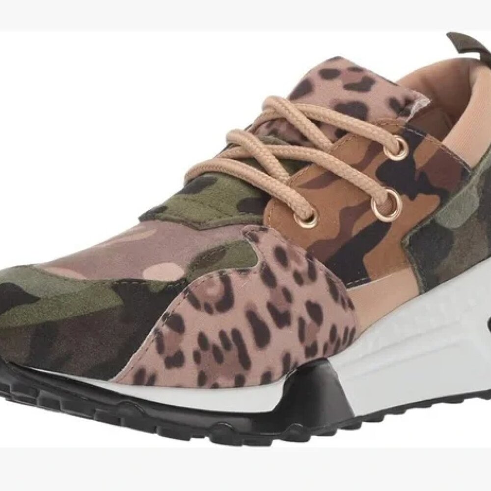 Steve Madden Camo & Leopard Print Mixed-Media Sneakers in Green, Brown, Tan - Picture 6 of 6